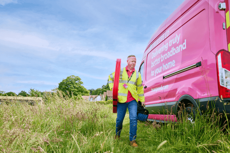 A Truespeed engineer working on the broadband network in a rural area